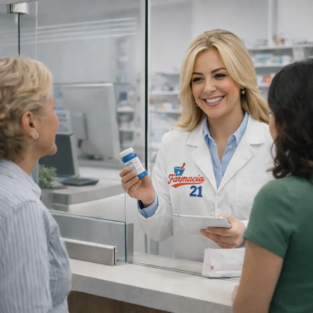 Pharmacist at Farmacia 21 helping customers with prescriptions in Homestead Florida pharmacy