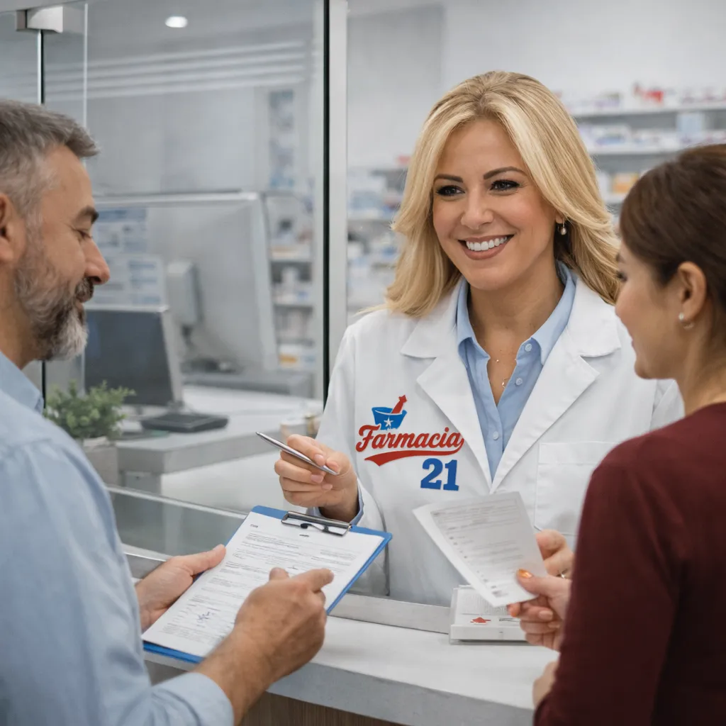 Pharmacist providing medication consultation to patients at Farmacia 21 in Homestead Florida